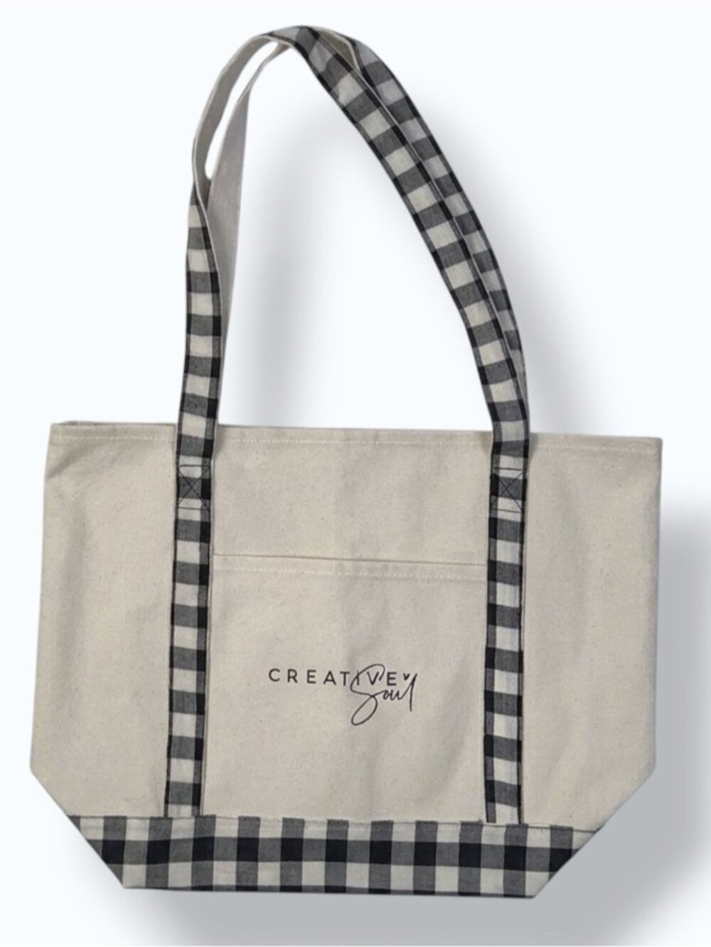 Large Tote Heavyweight Canvas Black White Neutral Tan Gingham Buffalo Plaid - Picture 2 of 16